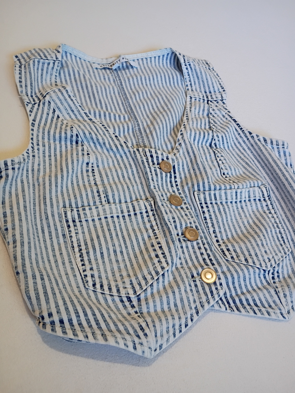 Celebrity Pink Sz S Cropped Striped Distressed Faded Denim Vest With Buttons